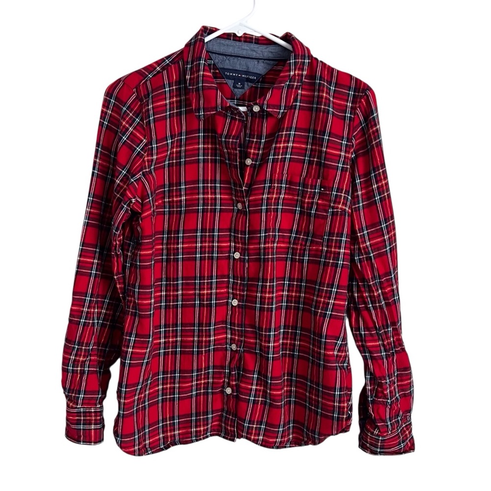 Tommy Hilfiger Womens Red Plaid Button Down Shirt Preppy Holidays Classic Medium